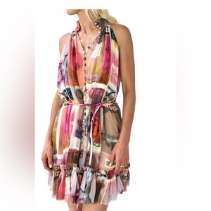 Zimmermann Wavelength Poster Print High Neck Halter Silk Mini Dress Size 0